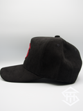 THS Black/Burgundy Logo Outline suede curved bill snapback