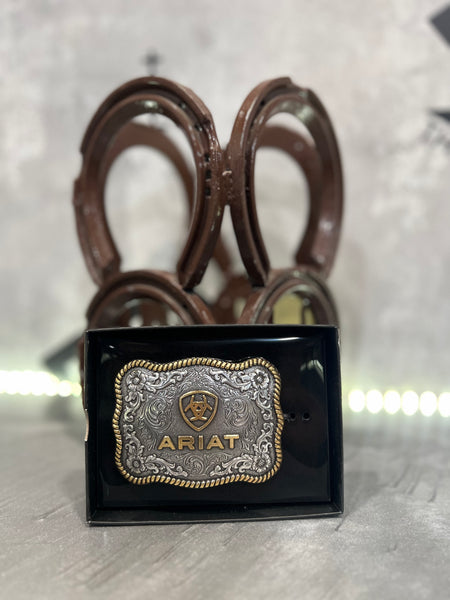 Ariat Youth Belt Buckle Gold Logo Rectangle Rope Edge