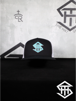 THS SnapBack 14 Black/White & Turquoise logo